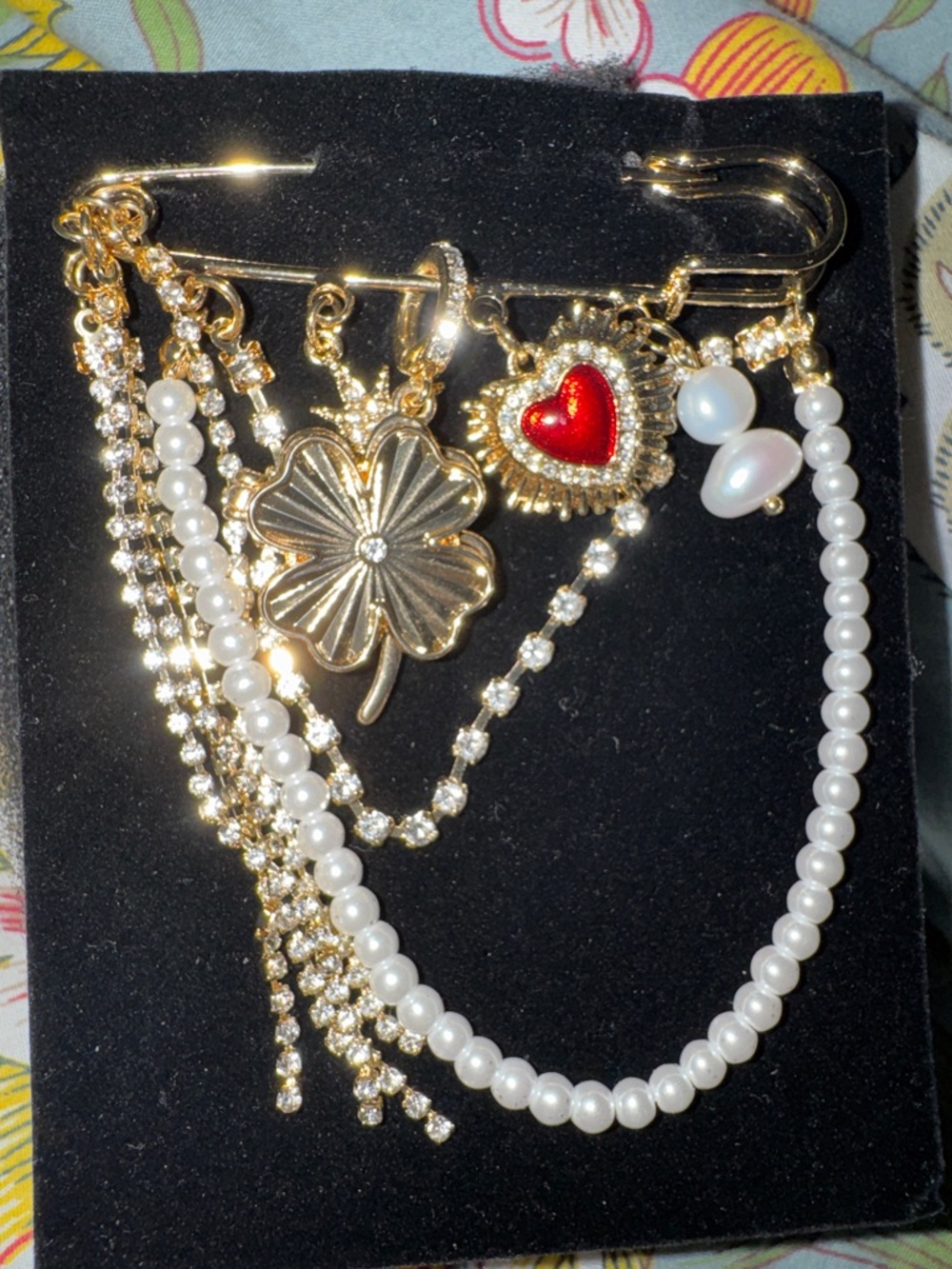 Bloomingdale's Gold Pearl Brooch with Red Heart and Four-Leaf Clover Charm